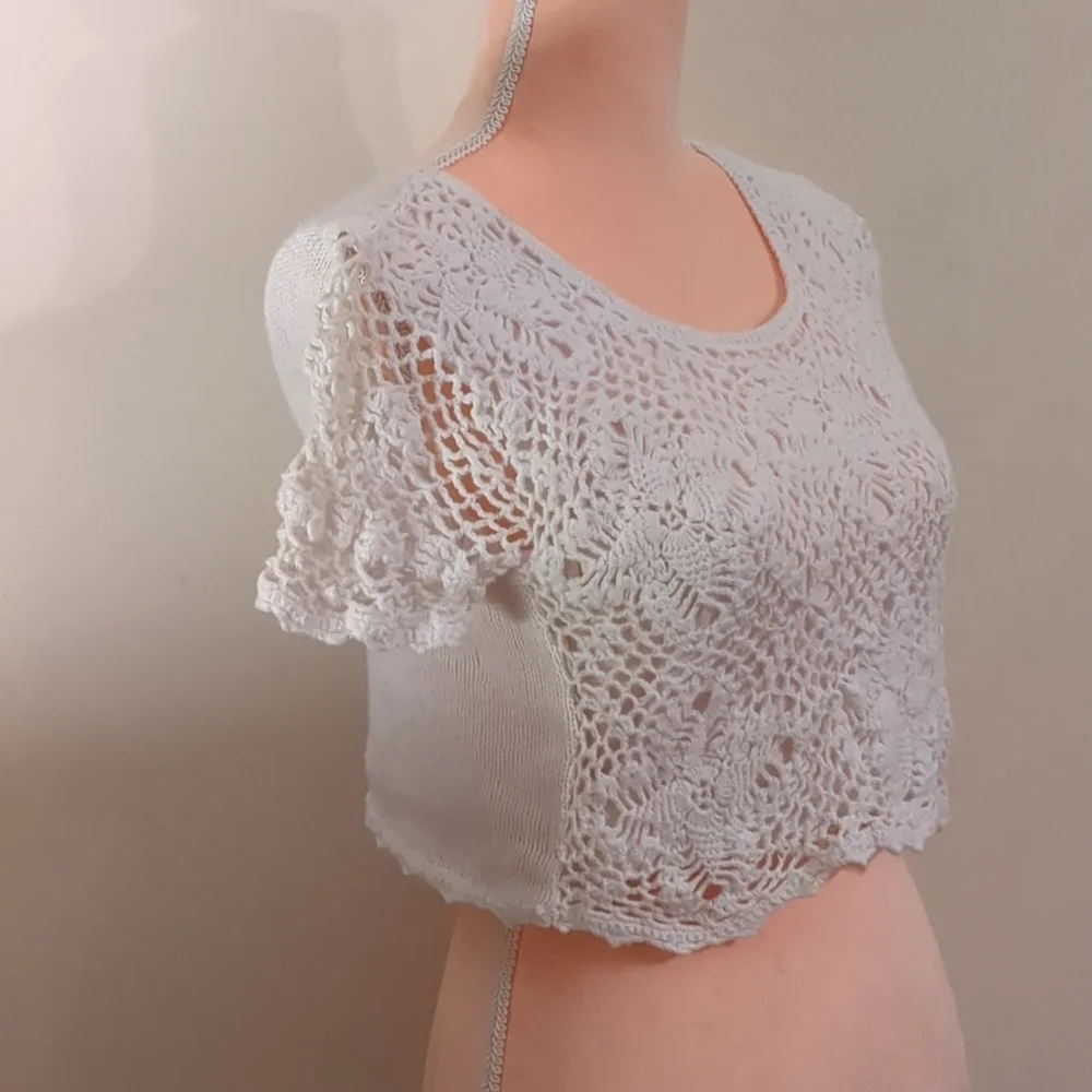 one step up white crochet crop sweater, Girl's Large - Picture 2 of 6
